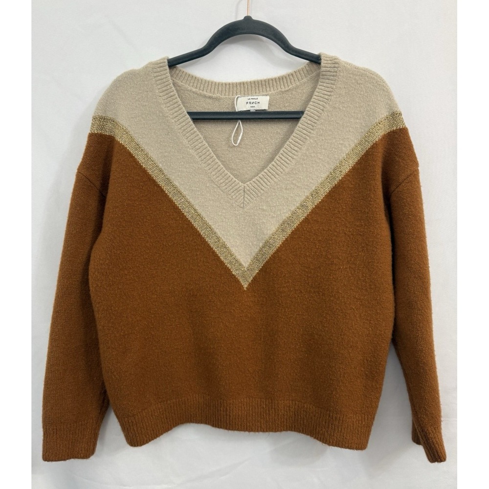 La Maille FRNCH Chevron V Neck Sweater Rust Gold‎ Womens Size M/L